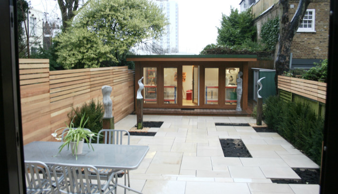 garden office as viewed from the kitchen window